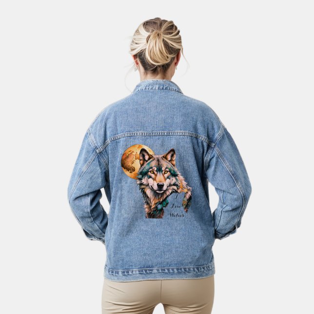 Grey Wolf & Gold Moon Teal *Personalise* Denim Jacket (Model)