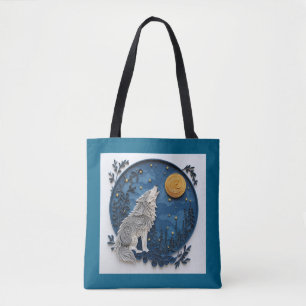 Grey Wolf Howing at the Moon Quilling Effect Tote Bag