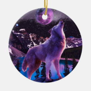 Grey wolf howling in forest ceramic tree decoration