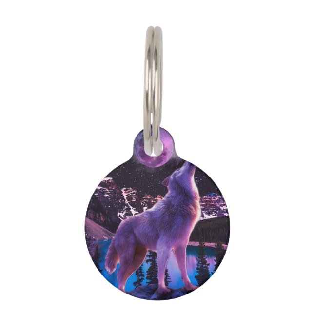 Grey wolf howling in forest pet tag (Front)