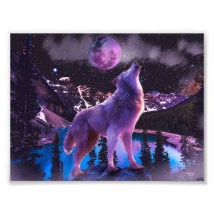 Grey wolf howling in forest photo print