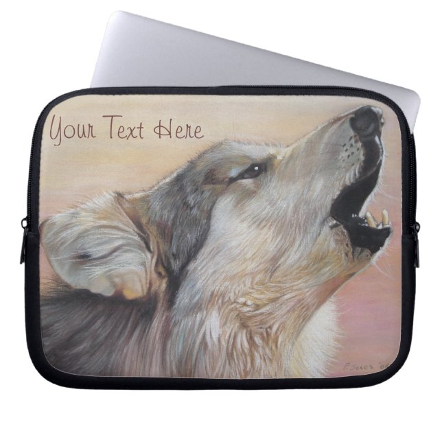 grey wolf howling wildlife painting realist art laptop sleeve (Front)