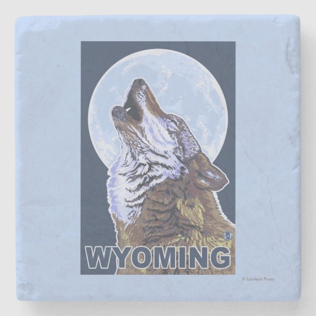 Grey Wolf HowlingWyoming Stone Coaster (Front)