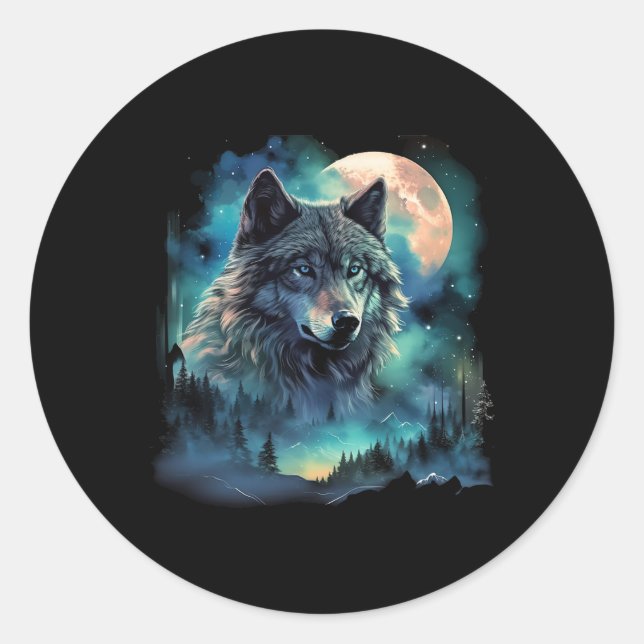 Grey Wolf Hunting Grounds Icy Moon Forest Galaxy  Classic Round Sticker (Front)