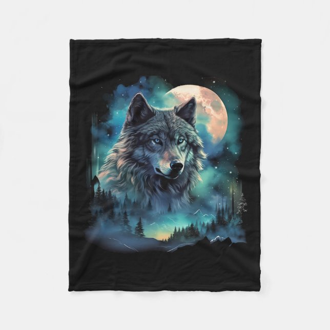 Grey Wolf Hunting Grounds Icy Moon Forest Galaxy  Fleece Blanket (Front)