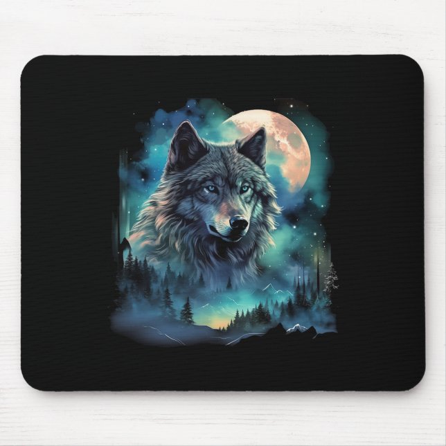 Grey Wolf Hunting Grounds Icy Moon Forest Galaxy  Mouse Mat (Front)