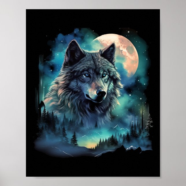 Grey Wolf Hunting Grounds Icy Moon Forest Galaxy  Poster (Front)