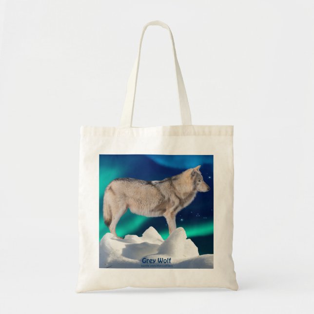 Grey Wolf, Ice, Aurora & Stars Tote Bag Collection (Front)