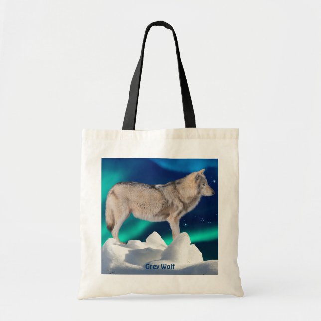 Grey Wolf, Ice, Aurora & Stars Tote Bag Collection (Front)