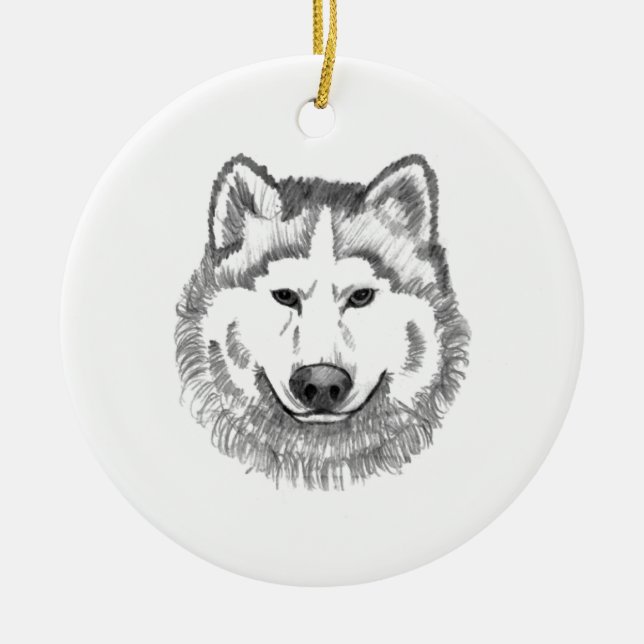 Grey Wolf Illustration Ceramic Tree Decoration (Front)