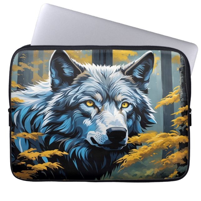 Grey Wolf in Golden Forest Laptop Sleeve (Front)
