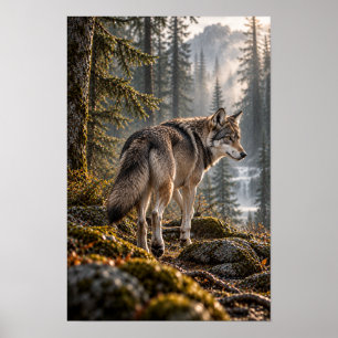 Grey Wolf in Mountain Forest Wildlife Wall Art