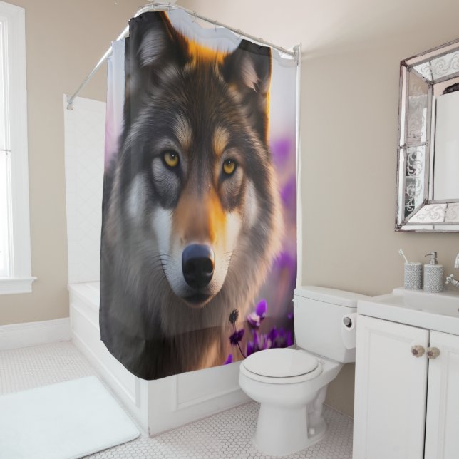 Grey wolf in purple flowers   shower curtain (In Situ)