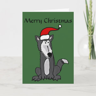 Grey Wolf in Santa Hat Art Holiday Card
