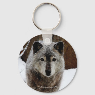 Grey Wolf in Snow Key Ring