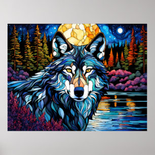 Grey Wolf in the Forest Stained Glass Look Poster