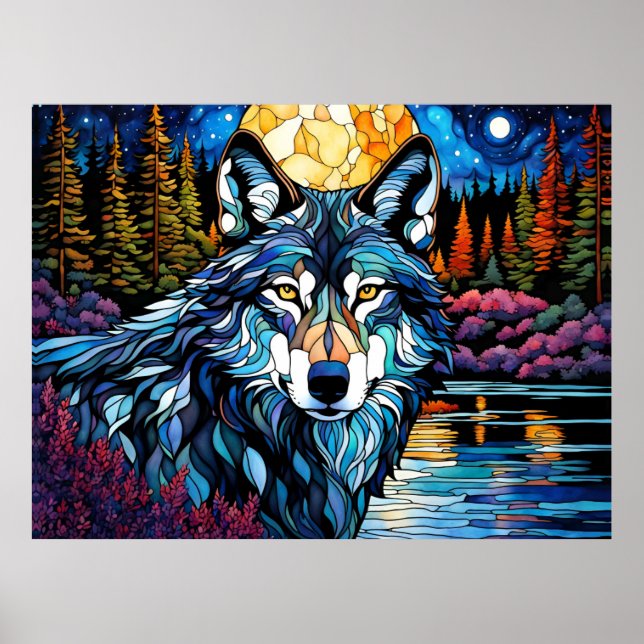 Grey Wolf in the Forest Stained Glass Look Poster (Front)