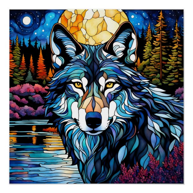 Grey wolf in the forest stained glass poster (Front)