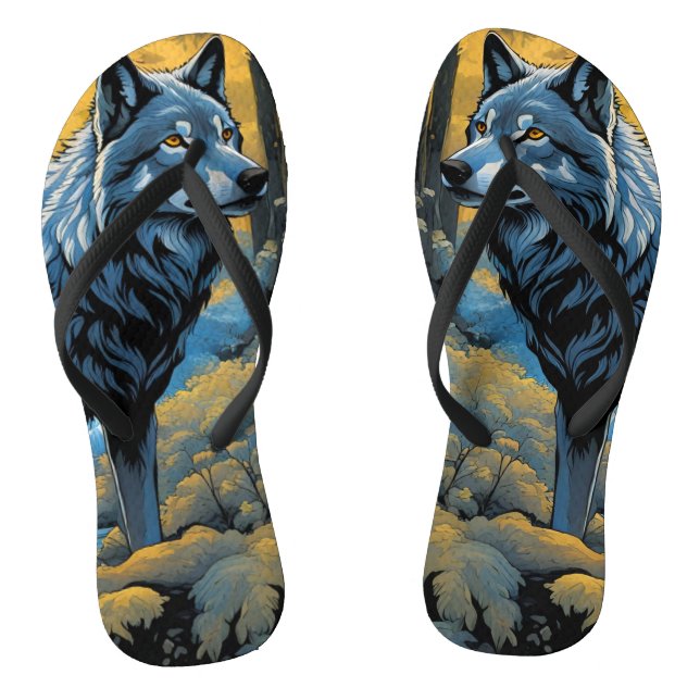 Grey Wolf in the woods Flip Flops (Footbed)