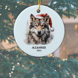 Grey Wolf Monogram Name Year Santa Hat Christmas Ceramic Tree Decoration