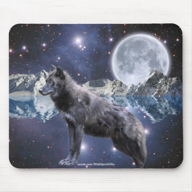 Grey Wolf & Moon Fantasy Art Wildlife-lover Mouse Mat (Front)