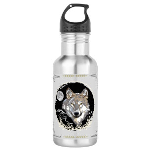 Grey Wolf Moon Mountains Night Sky Water Bottle