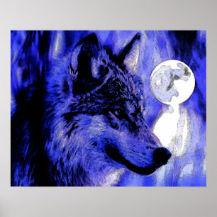 Grey Wolf & Moon Poster Print