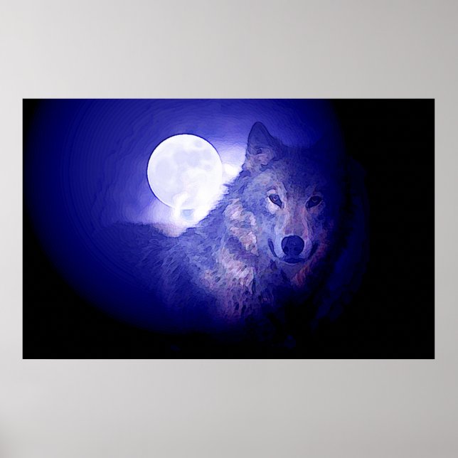 Grey Wolf & Moon Poster Print - Blue Night Wolves (Front)
