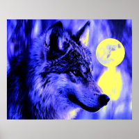 Grey Wolf & Moon Poster Print - Blue Night Wolves