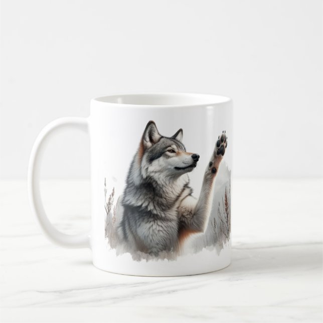 Grey Wolf Paws Up in Watercolor Coffee Mug (Left)