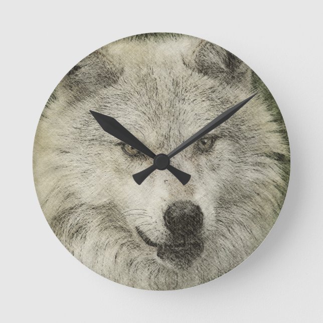 Grey Wolf Pencil Sketch Wildlife Art Gift Round Clock (Front)