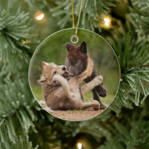 Grey Wolf Pups Wrestling Ceramic Tree Decoration