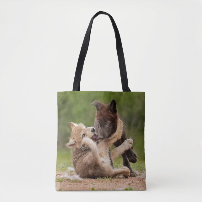 Grey Wolf Pups Wrestling Tote Bag (Front)