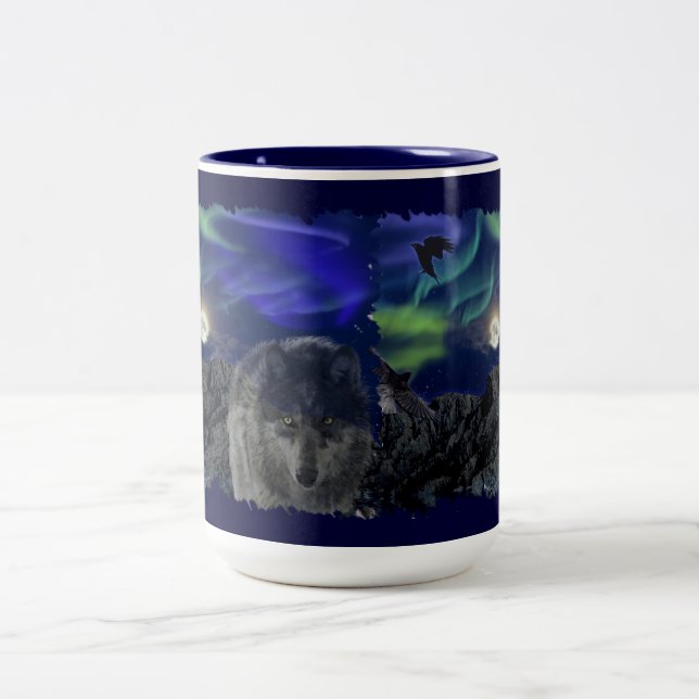 Grey Wolf, Ravens & Aurora & Totem Wildlife Mug (Center)