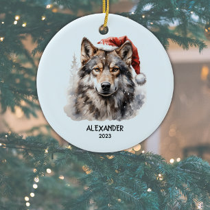 Grey Wolf Red White Santa Hat Personalised Ceramic Tree Decoration