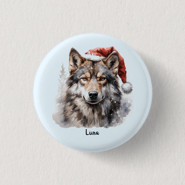 Grey Wolf Santa Hat Personalised Christmas 3 Cm Round Badge (Front)