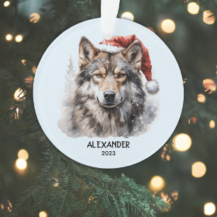 Grey Wolf Santa Hat Personalised Christmas Ornament