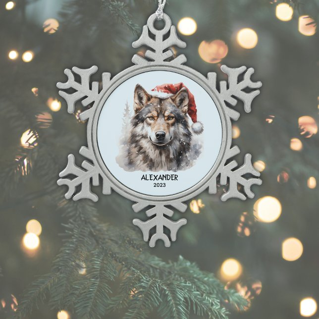Grey Wolf Santa Hat Personalised Snowflake Pewter Christmas Ornament (Add Name & Year to personalize, or add other text, or delete if not required.)