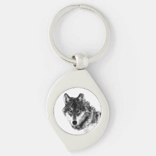 Grey Wolf Sketch Artwork Key Ring