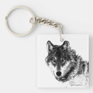 Grey Wolf Sketch Artwork Key Ring