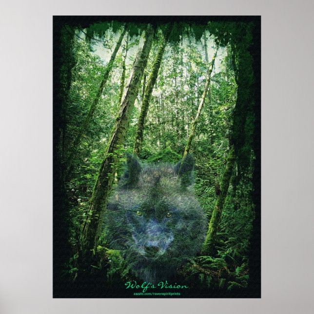 Grey Wolf Spirit in Forest Eco Fantasy Art Poster (Front)