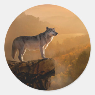 Grey wolf standing on a rock in the forest classic round sticker
