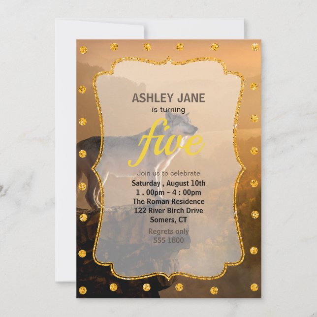 Grey wolf standing on a rock in the forest invitation (Front)