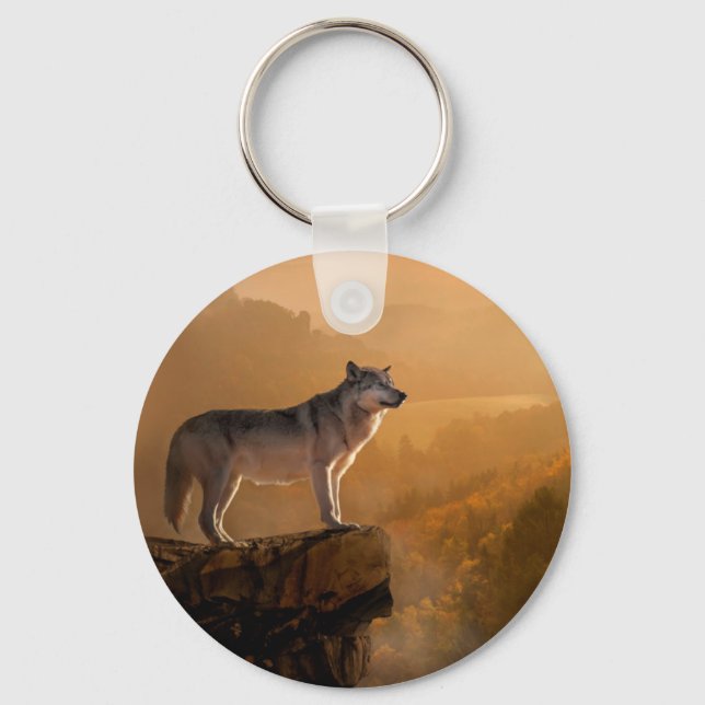 Grey wolf standing on a rock in the forest key ring (Front)