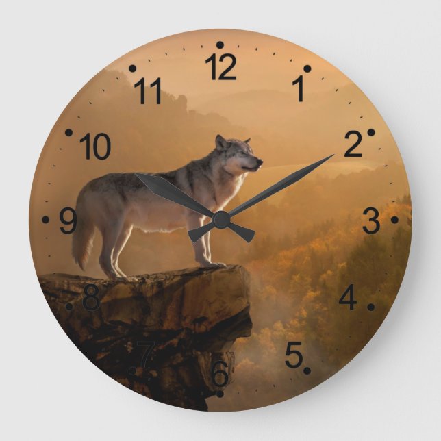 Grey wolf standing on a rock in the forest large clock (Front)