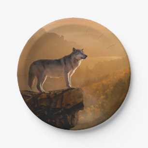 Grey wolf standing on a rock in the forest paper plate