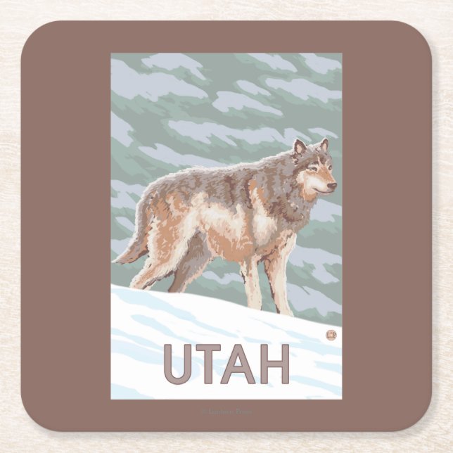 Grey Wolf StandingUtah Square Paper Coaster (Front)