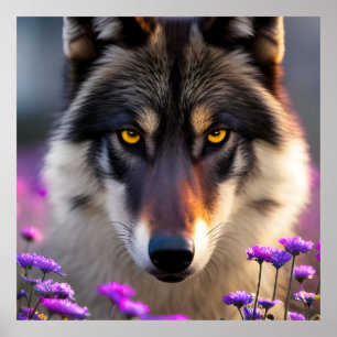 Grey wolf Stare - pink and purple flowers   Poster