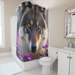 Grey wolf Stare - pink and purple flowers Shower Curtain