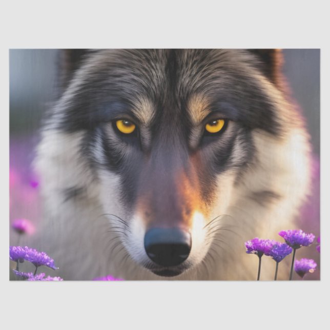 Grey wolf Stare - Purple flowers  Tissue Paper (Front)